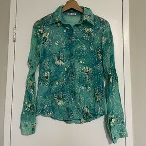 Sheer Turquoise-Teal Button-Down Blouse Featuring Floral Embroidery, Metallic